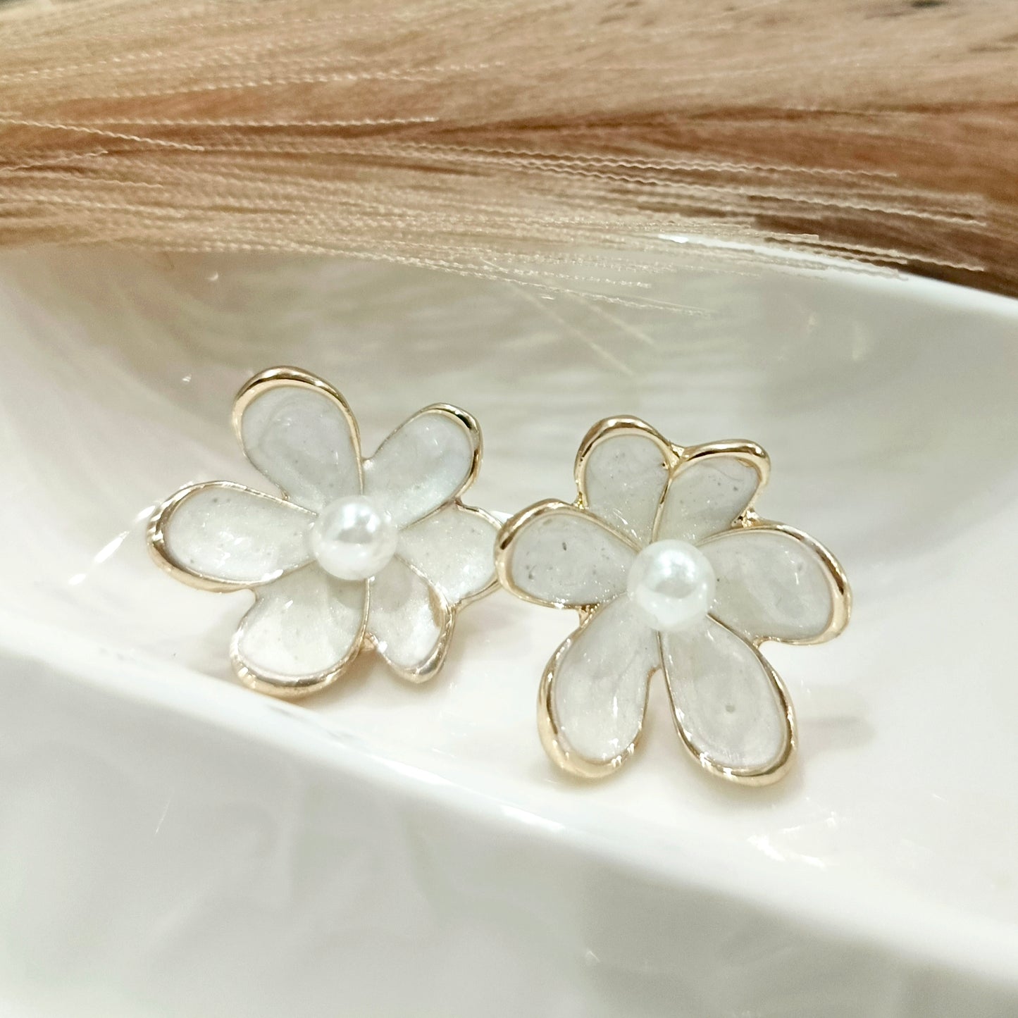 White Flower Earrings with Golden Outline