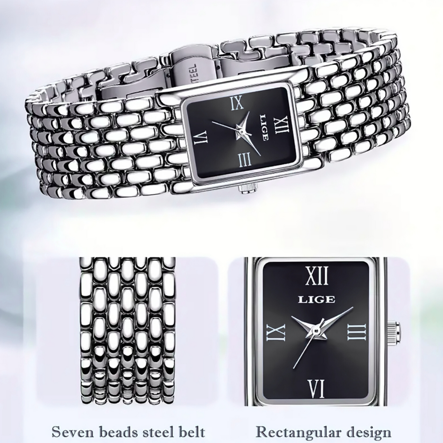 High Grade Silver Watch with Black Dial