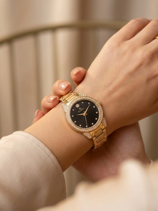 Premium Black Crystal Studded Dial Watch For Women