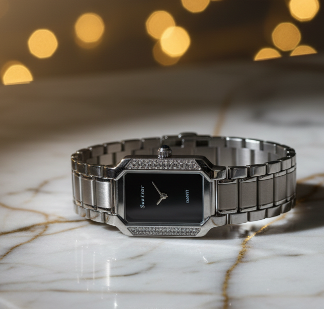 Luxury Silver Crystal Studded Black Dial Watch