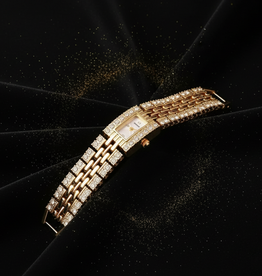 Premium Gold-Tone Square Rhinestone Quartz Watch – Luxury Fashion Timepiece