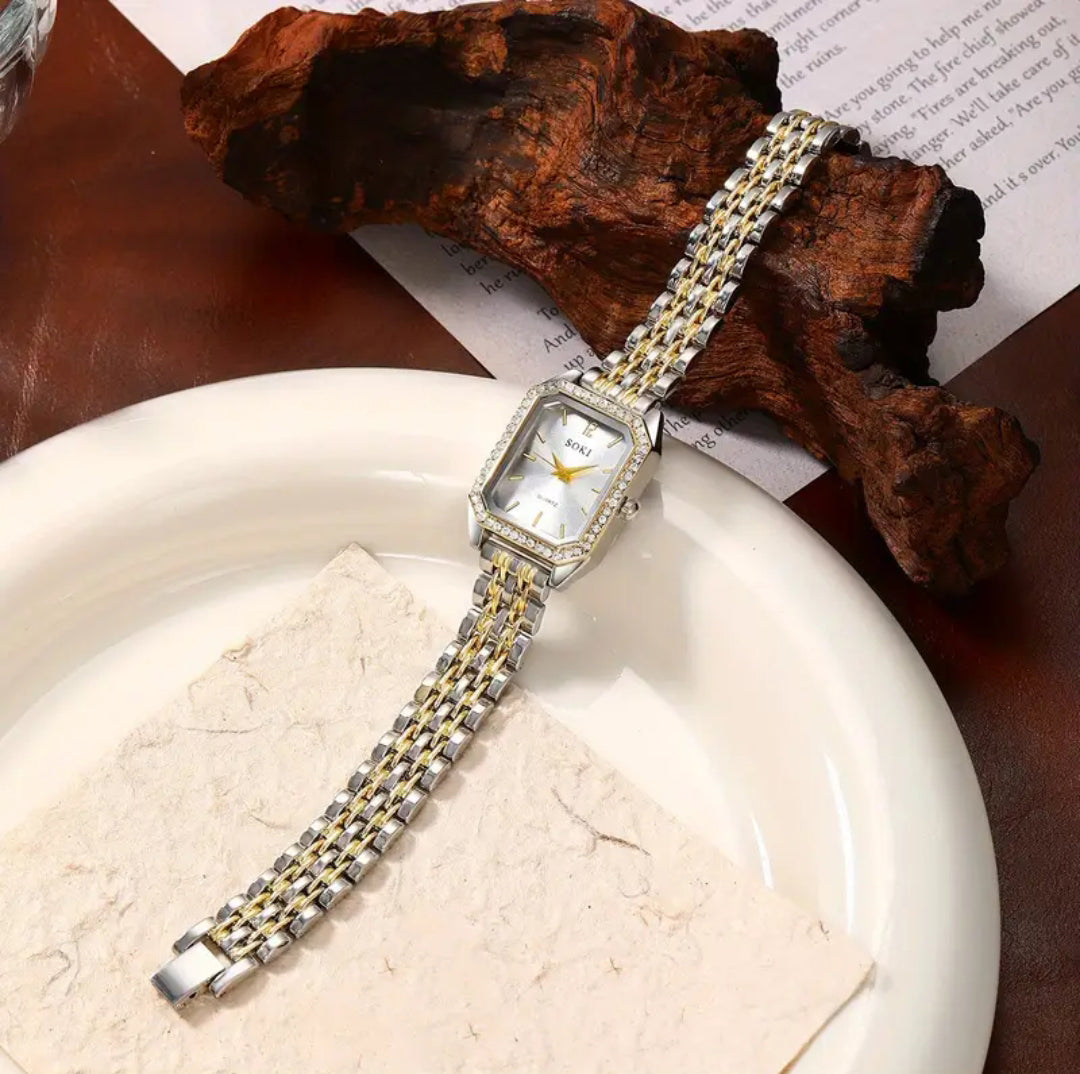 Luxury Silver and Golden Crystal Studded Watch