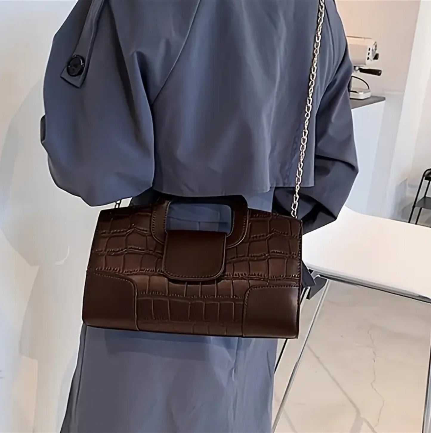 Brown Crocodile Embossed Handbag