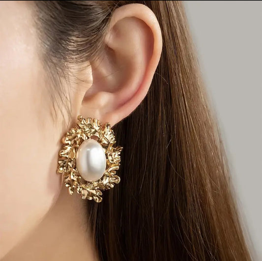 Elegant Faux Pearl & Golden Leaf Stud Earrings