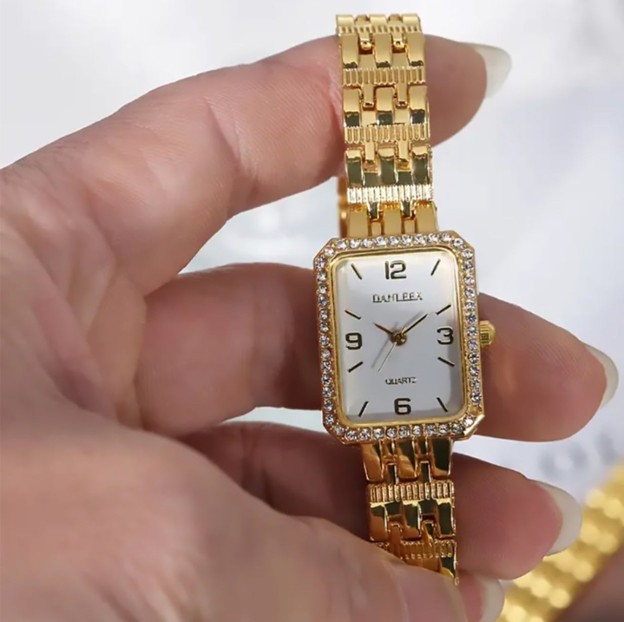 Golden Crystal Studded White Dial Watch
