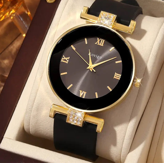 Premium Black and Golden Strap Watch For Women