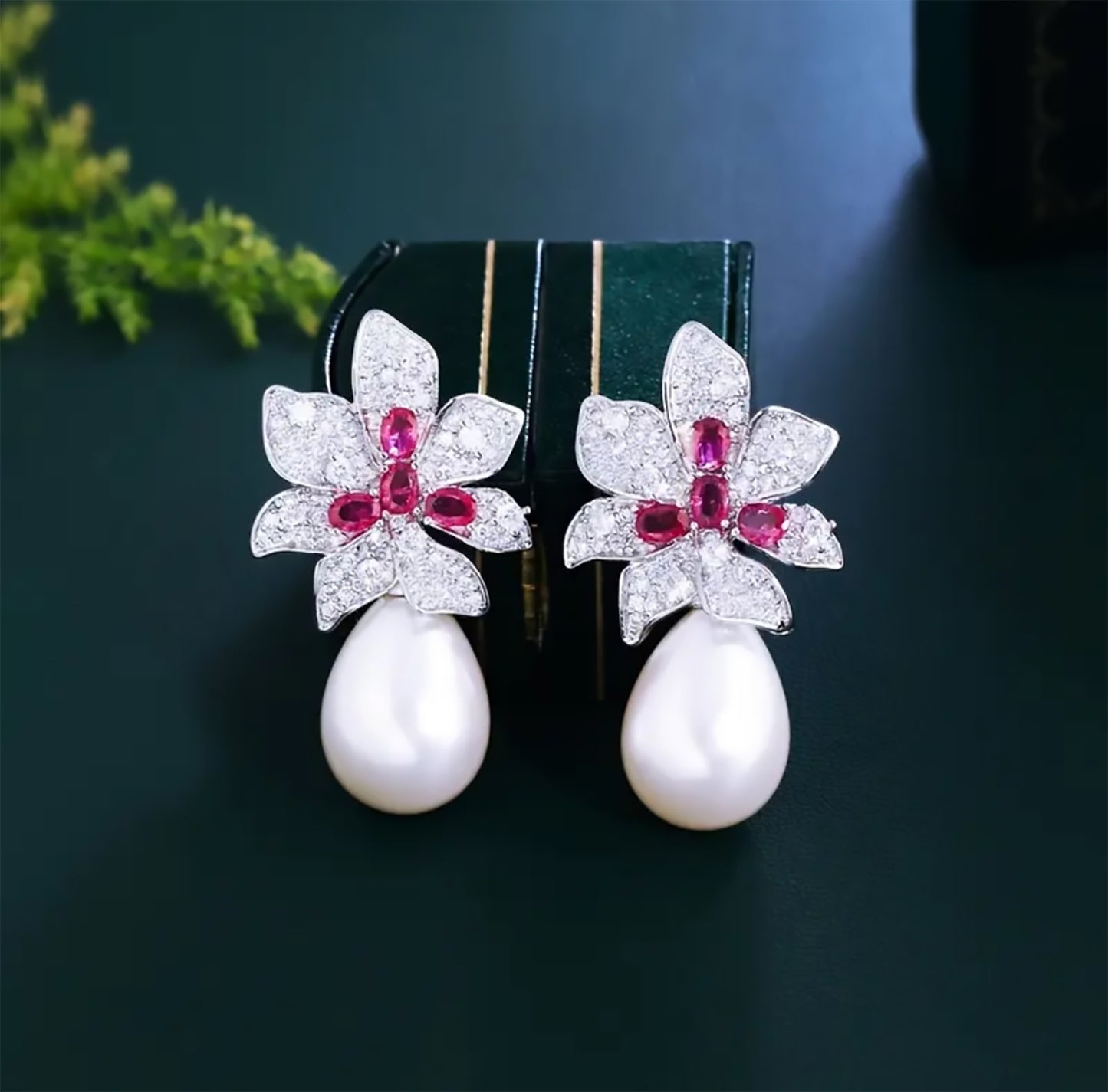 Zirconium Flower Pearl Drop Earrings