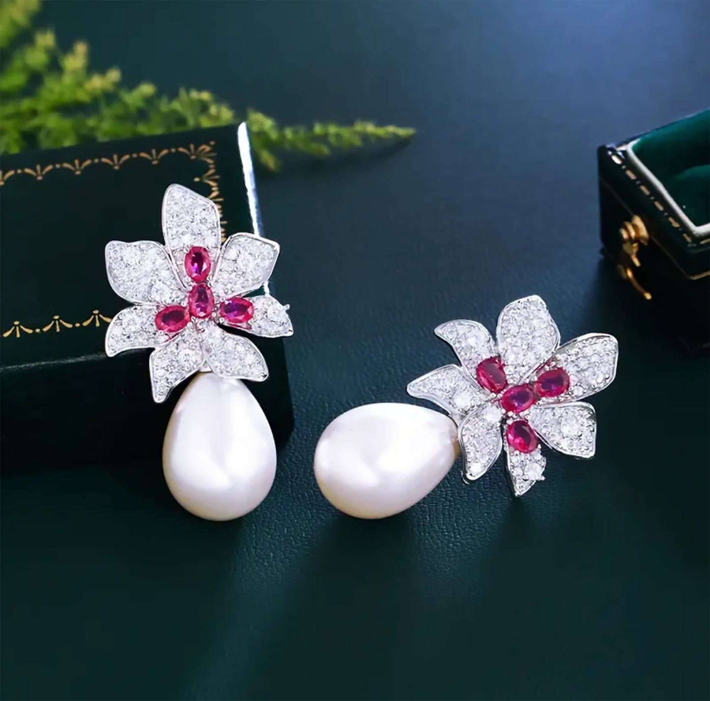 Zirconium Flower Pearl Drop Earrings