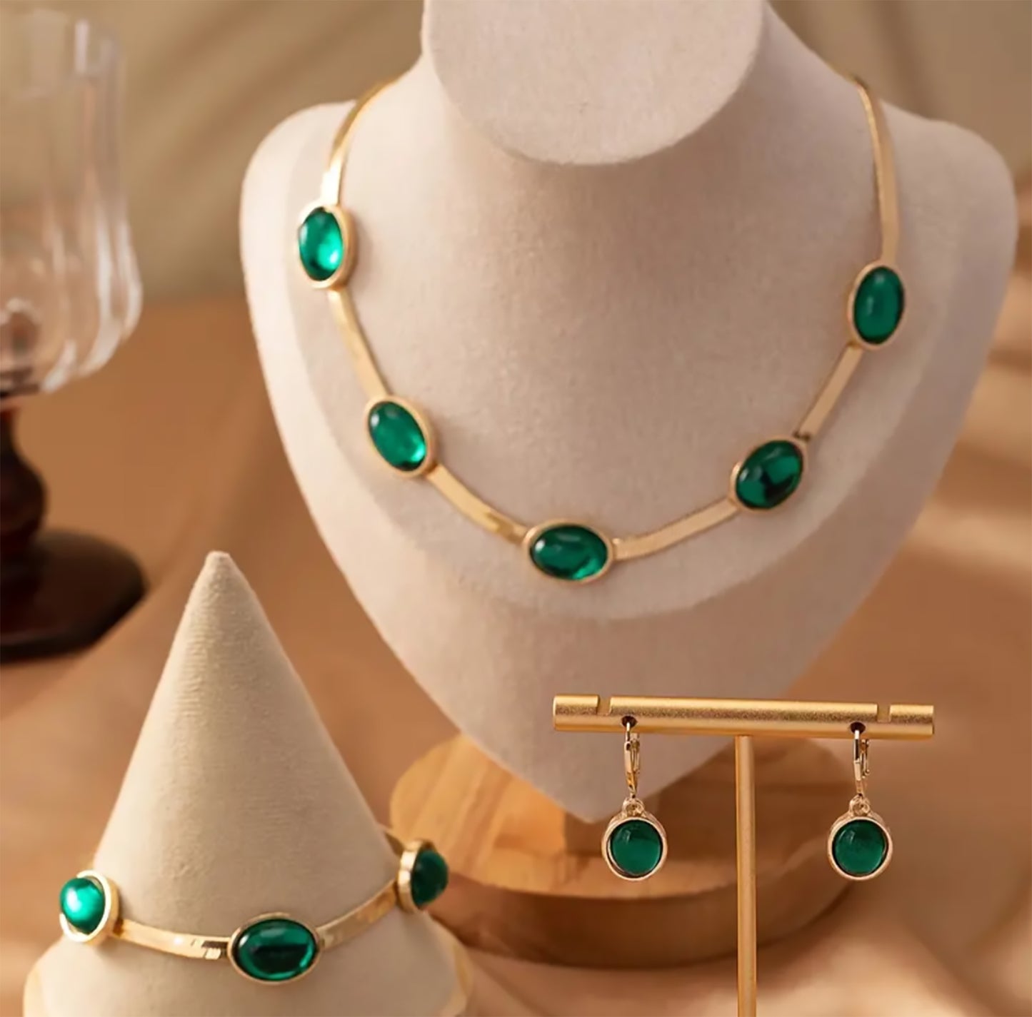 Golden and Green Gemstone Necklace Set