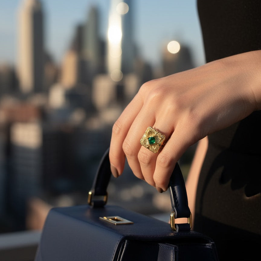 Golden Flower Emerald Ring