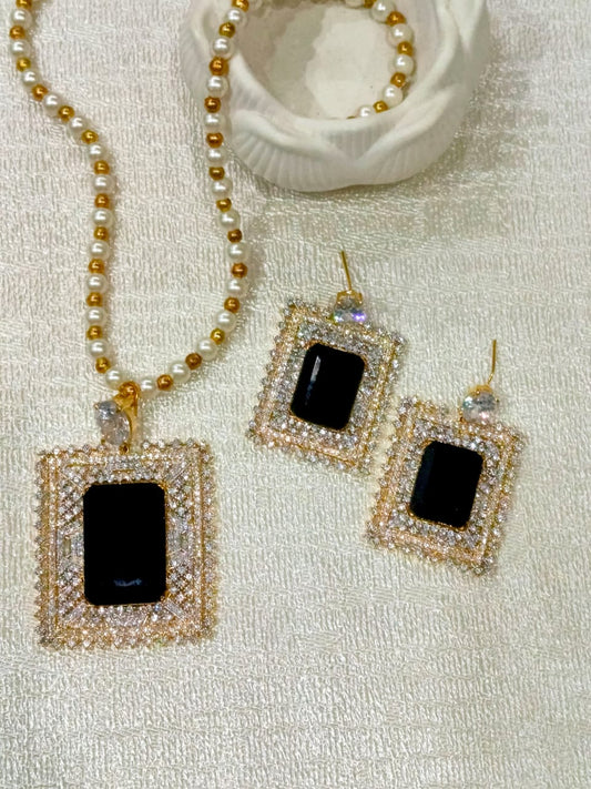 Premium Black Crystal Studded Pendant Set