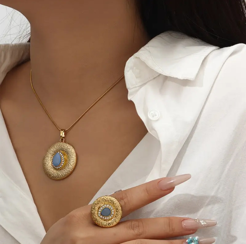 Premium Shiny Gold Zircon Studded Pendant Set
