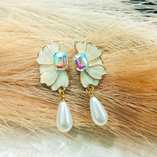 White Flower Pearl Drop Earrings