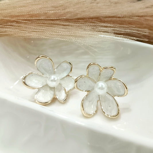White Flower Earrings with Golden Outline