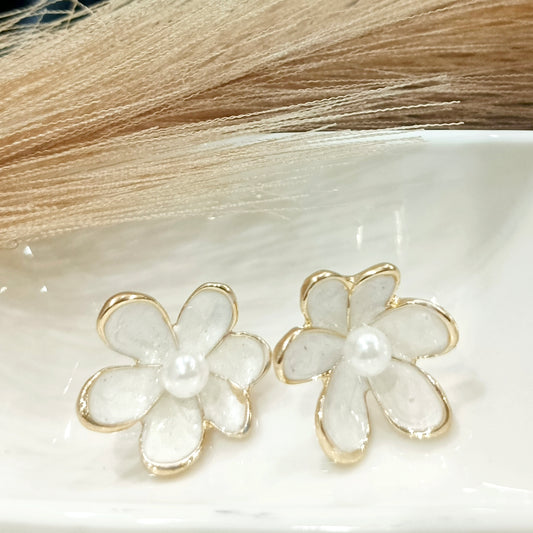 White Flower Earrings with Golden Outline