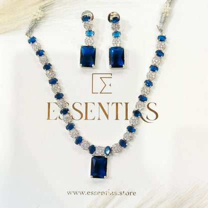 Luxury Blue Crystal and Silver Stone Necklace Set