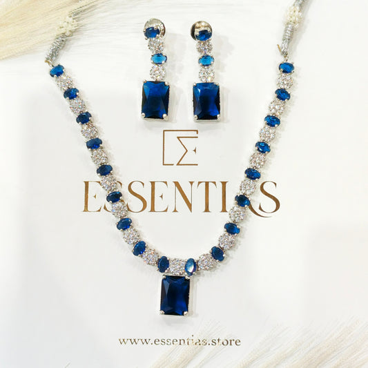 Luxury Blue Crystal and Silver Stone Necklace Set