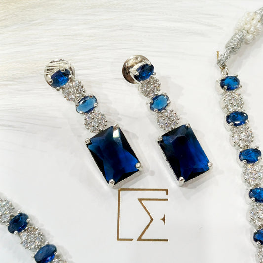 Luxury Blue Crystal and Silver Stone Necklace Set