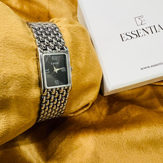 High Grade Silver Watch with Black Dial