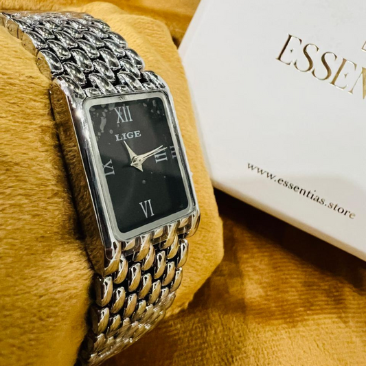 High Grade Silver Watch with Black Dial
