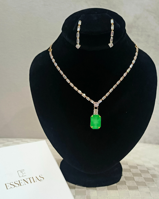 Elegant Crystal Chain Green Pendant Set