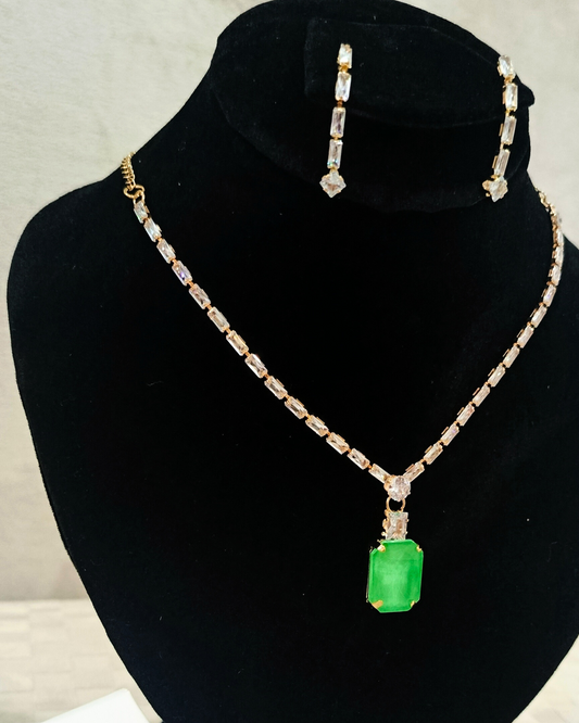 Elegant Crystal Chain Green Pendant Set