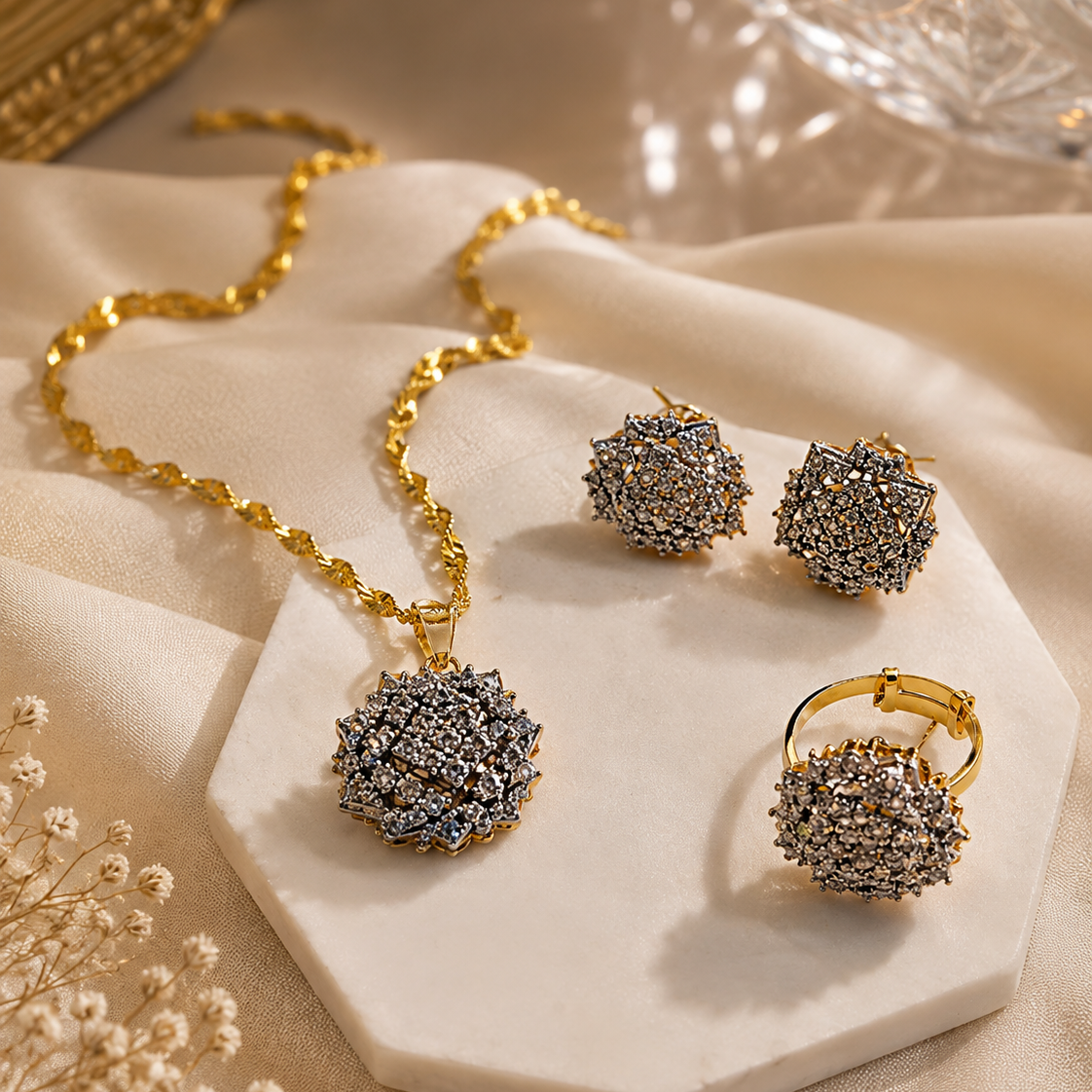 Gold Tone Diamante Pendant Set