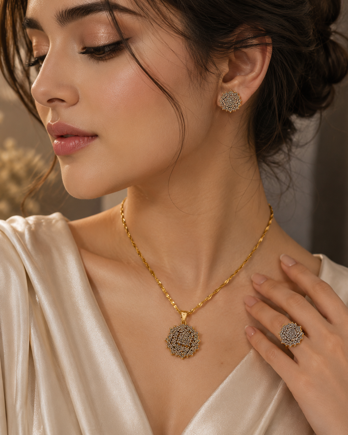 Gold Tone Diamante Pendant Set
