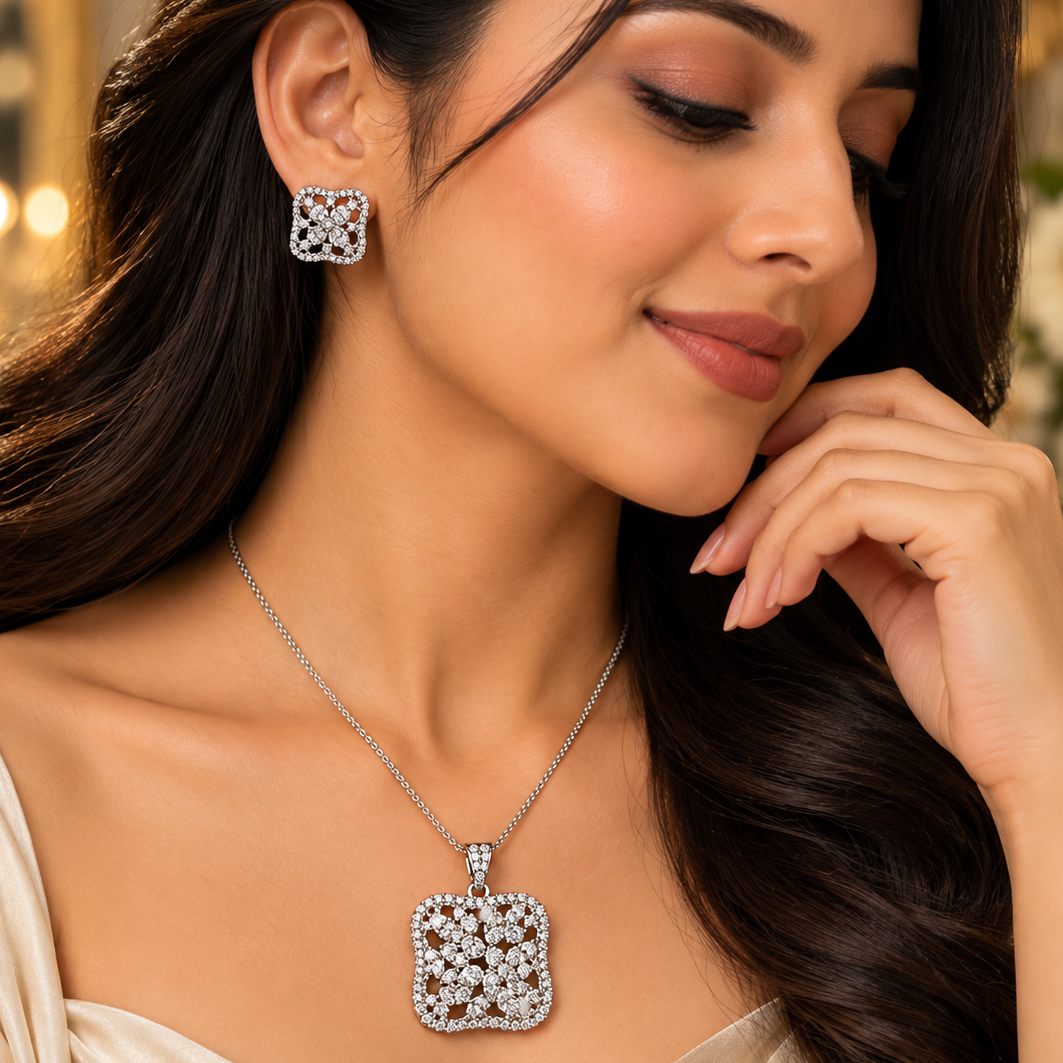 Premium Silver Zircon Studded Pendant Set