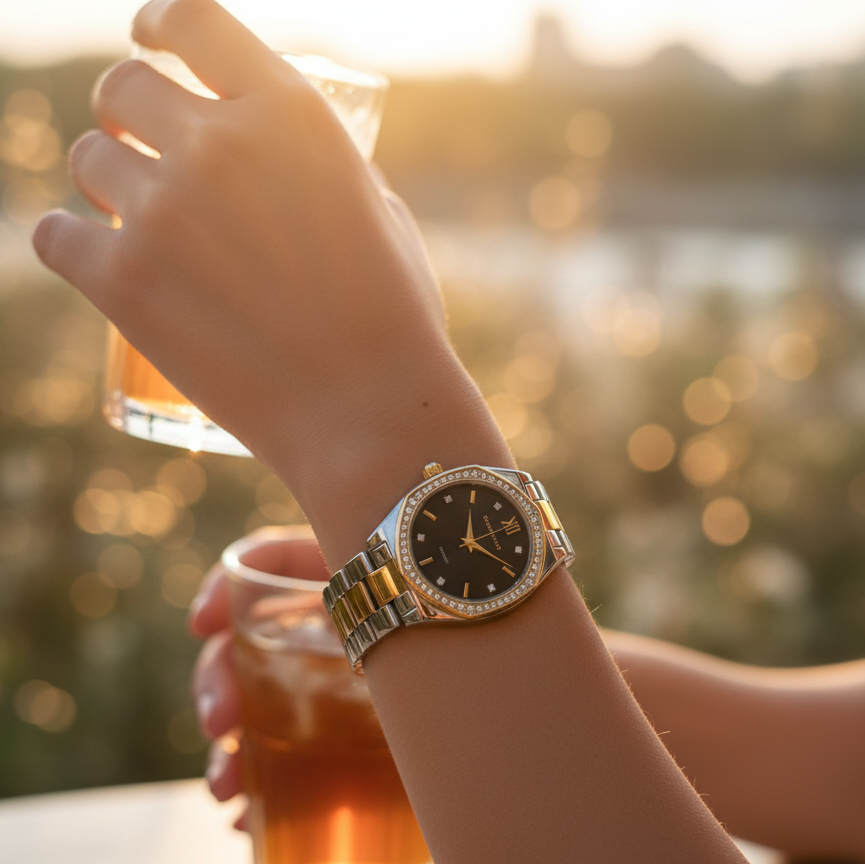 Premium Gold Silver Crystal Studded Watch