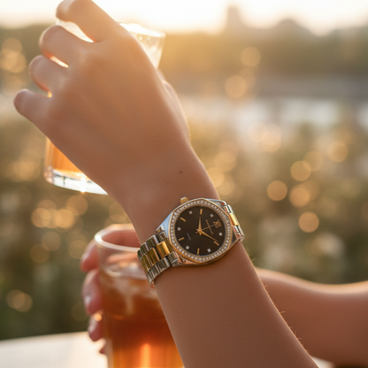 Premium Gold Silver Crystal Studded Watch