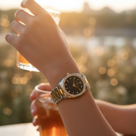 Premium Gold Silver Crystal Studded Watch