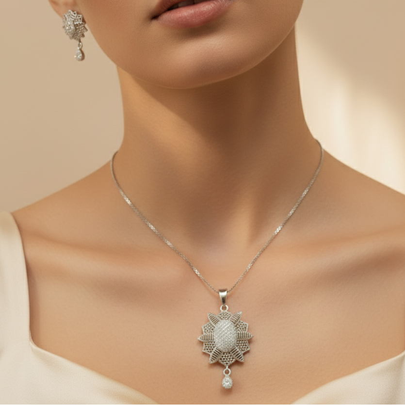 Elegant Silver Crystal Pendant Set