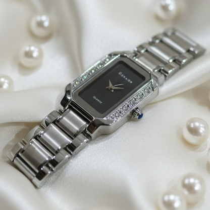Luxury Silver Crystal Studded Black Dial Watch