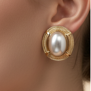 White Pearl Earrings with Golden Border