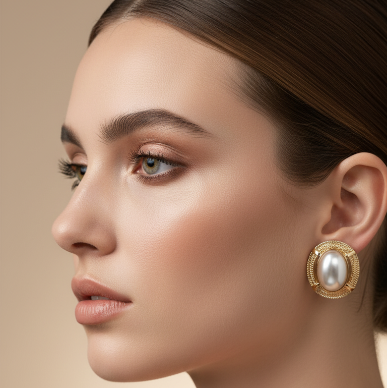 White Pearl Earrings with Golden Border