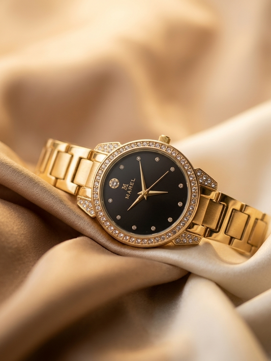 Premium Black Crystal Studded Dial Watch For Women