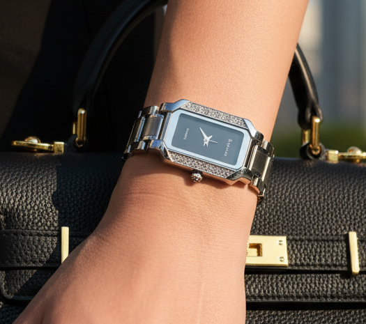 Luxury Silver Crystal Studded Black Dial Watch