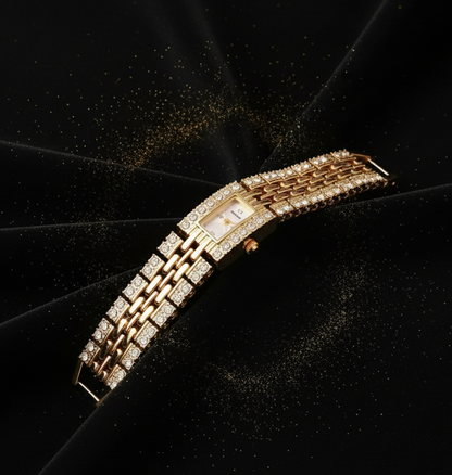 Premium Gold-Tone Square Rhinestone Quartz Watch – Luxury Fashion Timepiece