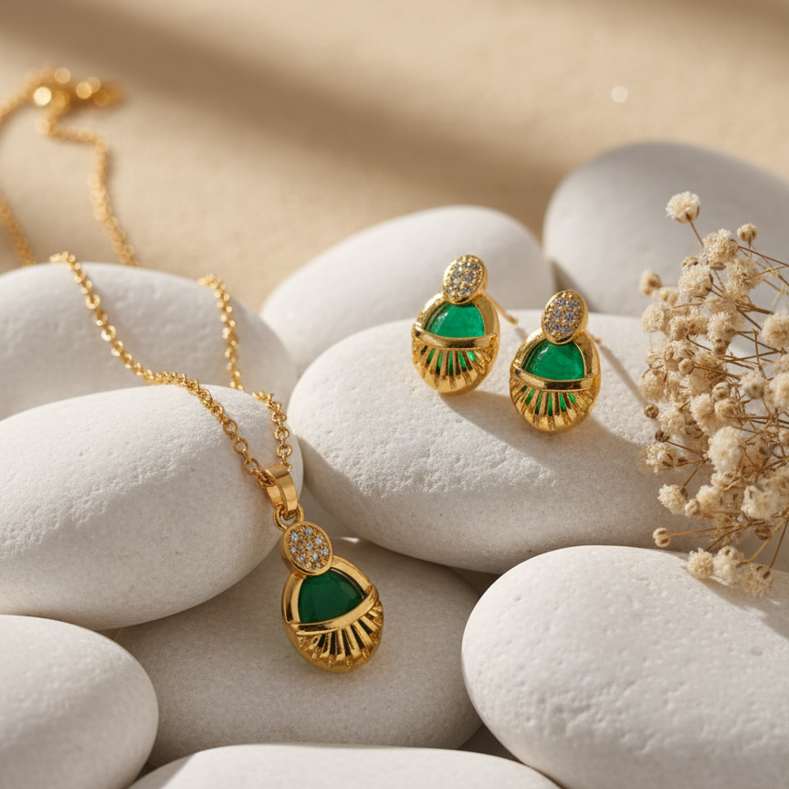 Elegant Golden Green Pendant Set