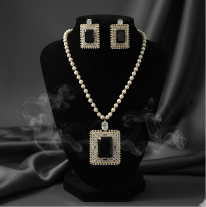 Premium Black Crystal Studded Pendant Set
