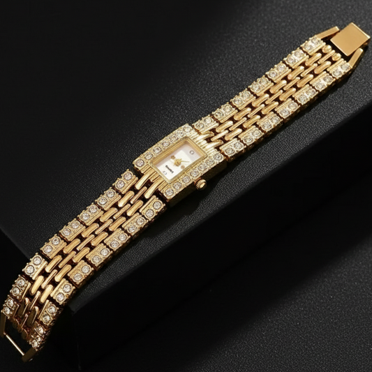 Premium Gold-Tone Square Rhinestone Quartz Watch – Luxury Fashion Timepiece