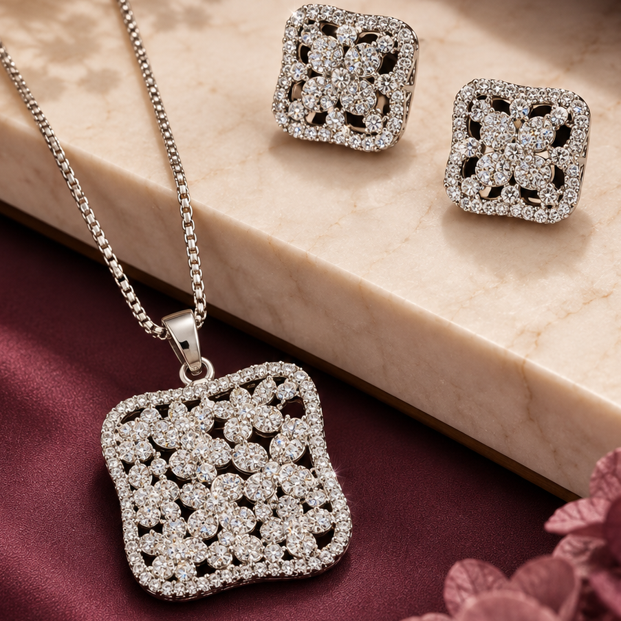 Premium Silver Zircon Studded Pendant Set