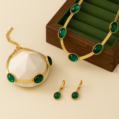 Golden and Green Gemstone Necklace Set