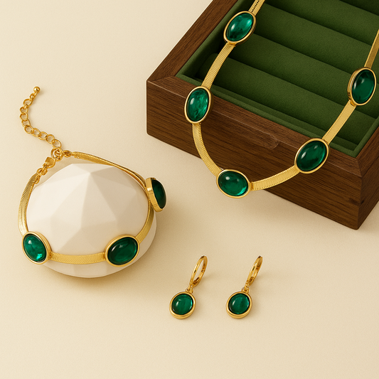 Golden and Green Gemstone Necklace Set