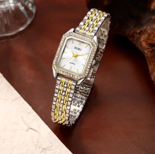 Luxury Silver and Golden Crystal Studded Watch