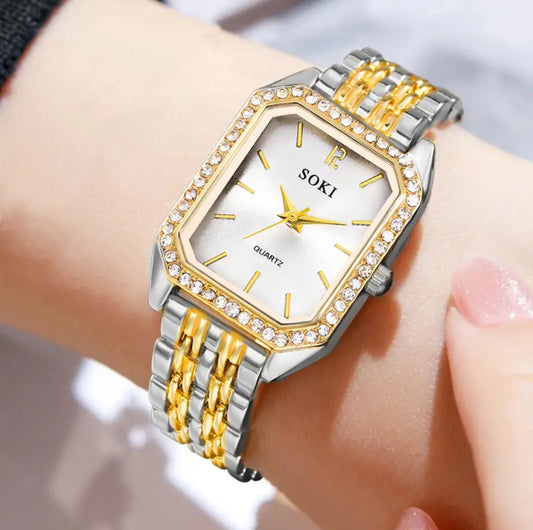 Luxury Silver and Golden Crystal Studded Watch