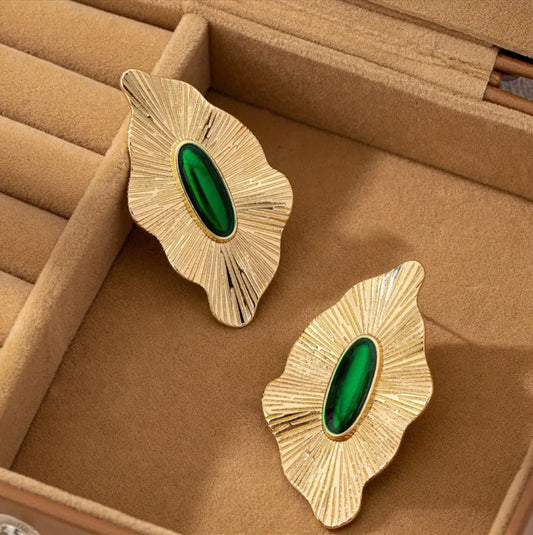 Golden and Green Leaf Design Earrings