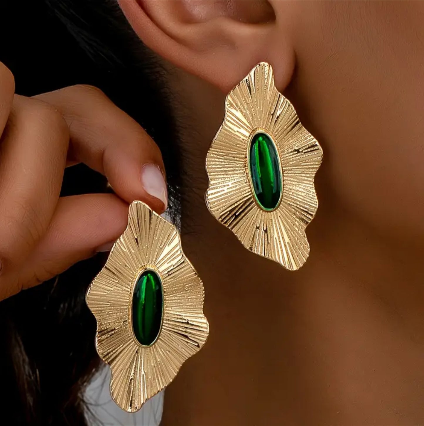 Golden and Green Leaf Design Earrings