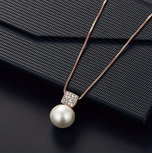 Pearl and Gold Square Zircon Studded pendant Set